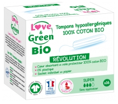 Love & Green Hypoallergenic Tampons 100% Organic Cotton 16 Super Tampons Without Applicator