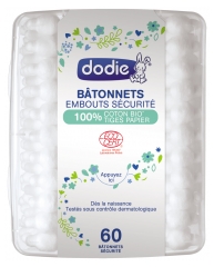 Dodie Bâtonnets Embouts Sécurité 100% Coton Bio Tige Papier 60 Bâtonnets