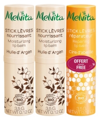 Melvita Stick Lèvres Nourrissant Bio Lot de 2 x 3,5 g + Stick Lèvres Réparateur Bio 3,5 g Offert