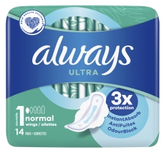 Always Ultra Normal avec Ailettes 14 Serviettes Hygiéniques Taille 1
