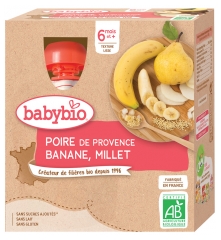 Babybio Pera Banana Miglio 6 Mesi e + Bio 4 Bottiglie da 90 g