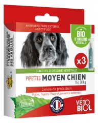 Vétobiol Pipettes Medium Dog 15 to 30 kg Organic 3 Pipettes