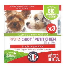 Vétobiol Pipettes Puppy Small Dog 250g to 15kg Organic 3 Pipettes