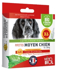 Vétobiol Pipettes Medium Dog 15 to 30 kg Organic 6 Pipettes