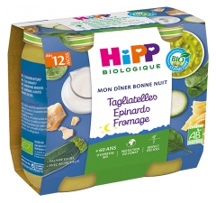 HiPP Hyv&auml;&auml; Y&ouml;t&auml; -ateria Tagliatelle Pinaatti Juusto 12 kk+ Luomu 2 purkkia