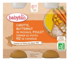 Babybio Carotte Butternut de Provence, Poulet Fermier du Poitou Riz de Camargue 6 Mois et + Bio 2 Pots de 200 g