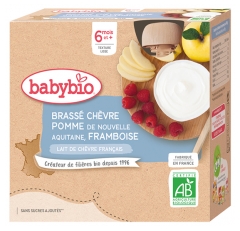 Babybio Brassé Chèvre Pomme de Nouvelle Aquitaine, Framboise 6 Mois et + Bio 4 Gourdes de 85 g
