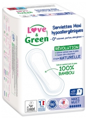 Love &amp; Green Serviettes Hypoallergéniques Maxi Nuit 12 Serviettes