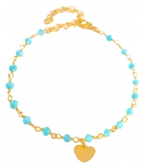 Pharma Bijoux Bracelet Perles Turquoises et Coeur Plaqué Or Hypoallergénique 16/19 cm