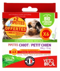 Vétobiol Pipettes Puppy Small Dog 250g to 15kg Organic 6 Pipettes + 2 Pipettes Offered