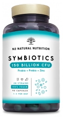 N2 Natural Nutrition Symbiotics 150 Probiotiques Prébiotiques et Zinc 60 Capsules