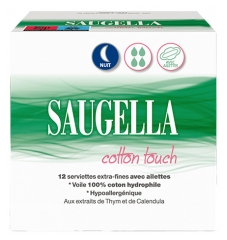 Saugella Cotton Touch Nuit 12 Serviettes Extra-Fines avec Ailettes
