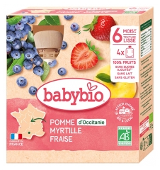 Babybio &Auml;pple Bl&aring;b&auml;r Jordgubb 6 M&aring;nader och + Ekologisk 4 Kl&auml;mmisar &agrave; 90 g