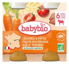 Babybio Kasviksia &amp; Pastaa Bolognese-tyyliin Maatilan Naudanlihalla 6 kk + 2 Luomu 200 g Purkkia