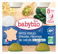 Babybio Bonne Nuit Pâtes Perles Épinard Fromage de Chèvre 8 Mois et + Bio 2 Pots de 200 g
