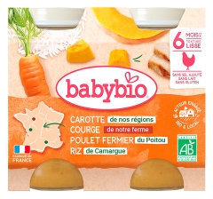 Babybio Mrkev M&aacute;slov&aacute; d&yacute;ně z Provence, Farmen Kuře z Poitou R&yacute;že z Camargue 6 Měs&iacute;ců a V&iacute;ce Bio 2 Skleničky po 200 g