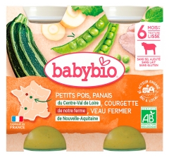 Babybio Žalieji žirneliai, pastarnokai, cukinijos ir ūkinio galvijienos mėsa 6 mėn. ir vyresniems kūdikiams, Ekologi&scaron;kas, 2 ind. po 200 g