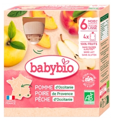 Babybio Manzana Pera Melocot&oacute;n 6 Meses y + Bio 4 Bolsitas de 90 g