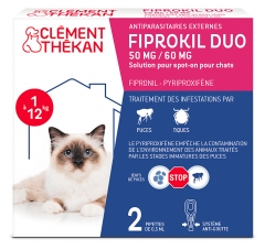 Clément Thékan Fiprokil Duo 50 mg/60 mg Antiparasitaire Chat 1 à 12 kg 2 Pipettes