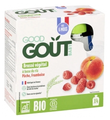 Good Go&ucirc;t Plantaardig Zuivelalternatief op basis van Rijst Perzik Framboos vanaf 6 maanden Bio 4 knijpzakjes van 85 g