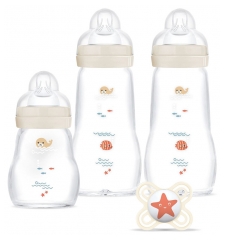 MAM 3 Glas-Babyflaschen und 1 Schnuller Mein Erster Set Glas ab Geburt