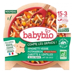 Babybio Spaghetti Veggie Dovleac Morcov & Lentile Lapte de Cocos 15 luni la 3 ani Bio 200 g