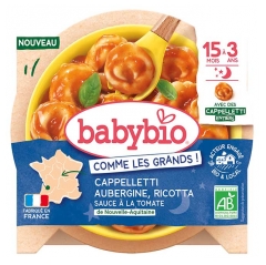 Babybio Cappelletti cu Vinete, Ricotta și Sos de Roșii pentru copii &icirc;ntre 15 luni și 3 ani, Bio, 190 g