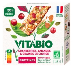 Vitabio Cranberries Amandes &amp; Graines de Courge Prot&eacute;ines Bio 3 Barres