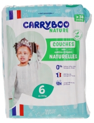 Carryboo Nature 34 Couches Peaux Sensibles 12h Anti-Fuite Taille 6 (16-30 kg)