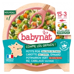Babybio Babynat Mazăre Morcov Spanac Dovleac Verde Orez &amp; Cod Sălbatic de la 15 Luni la 3 Ani 200 g