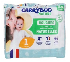 Carryboo Nature 24 Couches Peaux Sensibles 12h Anti-Fuite Taille 1 (2-5 kg)