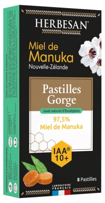 Herbesan Miód Manuka Pastylki na Gardło 97,5% Miód IAA 10+ Aromat Eukaliptusowy 8 Pastylek