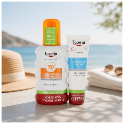 Eucerin Protezione Solare Sensitive Protect Sun Spray SPF50+ 200 ml + Crema-Gel Doposole Sollievo 50 ml in Omaggio