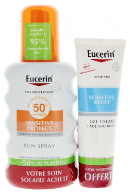 Eucerin Zonbescherming Sensitive Protect Zonnespray SPF50+ 200 ml + Verlichtende After-Sun Crème-Gel 50 ml Gratis