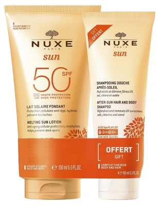 Nuxe Sun Melting Sun Lotion SPF50 150ml + Sun After-Sun Hair and Body Shampoo 100ml Free