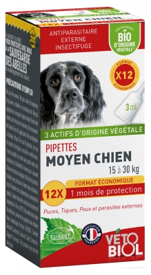 Vétobiol Pipettes Medium Dog 15 to 30kg Organic 12 Pipettes