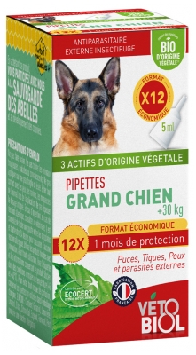 Vétobiol Pipettes Grand Chien + de 30 kg 12 Pipettes