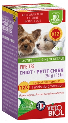 Vétobiol Pipetas Cachorro Perro Pequeño 250 g a 15 kg Ecológico 12 Pipetas
