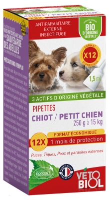 Vétobiol Pipettes Chiot Petit Chien 250 g à 15 kg Bio 12 Pipettes
