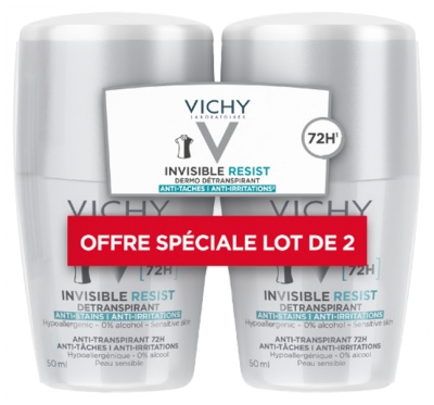 Vichy Déodorant Invisible Resist Dermo-Détranspirant 72H Roll-On Lot de 2 x 50 ml