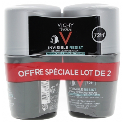 Vichy Homme Déodorant Invisible Resist Dermo-Détranspirant 72H Roll-On Lot de 2 x 50 ml