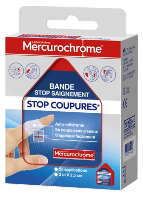 Mercurochrome Bande Stop Saignement Stop Coupures 3 m x 2,5 cm