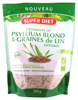 Superdiet Téguments de Psyllium Blond et Graines de Lin Entières Bio 200 g