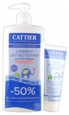 Cattier Bébé Liniment Lait Nettoyant pour le Change Hypoallergénique 500 ml + Crème Protectrice 75 ml
