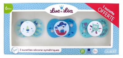 Luc et Léa Écrin 3 Sucettes Silicone Symétriques + 6 Mois