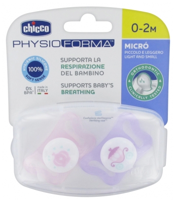 Chicco Physio Forma 2 Micro Silicone Soothers 0-2 Months - Model: Pink Text and Parma Coach