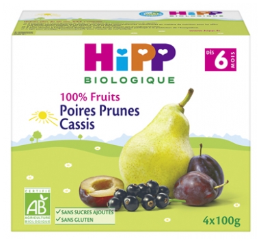 HiPP 100% Fruits Poires Prunes Cassis dès 6 Mois Bio 4 Pots