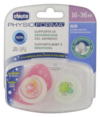 Chicco Physio Forma Air 2 Phosphorescent Silicone Soothers 16-36 Months - Model: Cow and Firefly