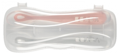 Béaba 2 Cuillères 1er Âge Silicone avec Boîte de Transport - Couleur : Gris et Rose