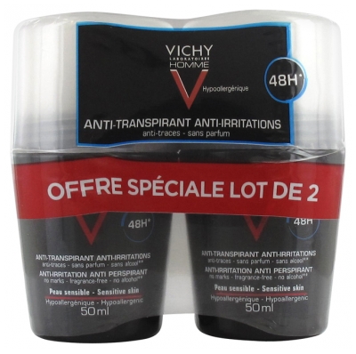 Vichy Homme Déodorant Anti-Transpirant Anti-Irritations 48H Roll-On Lot de 2 x 50 ml